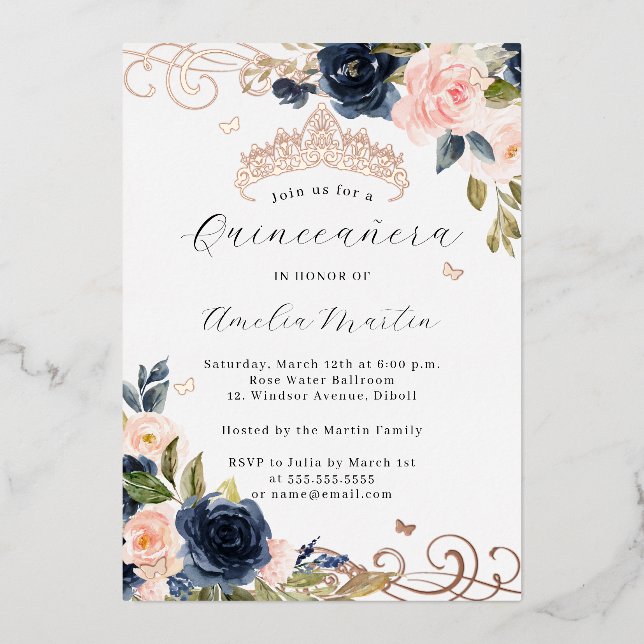 Rose Gold Blush Navy Blumenwirbel Quinceanera Folieneinladung (Vorderseite)