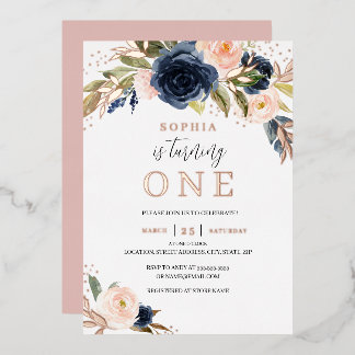 Rose Gold Blush Navy Floral Girl 1. Geburtstag Folieneinladung