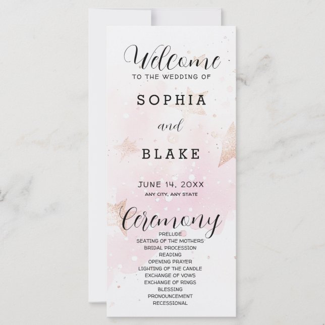 Rose Gold, Blush & Off White Stars Hochzeitsprogra (Vorderseite)