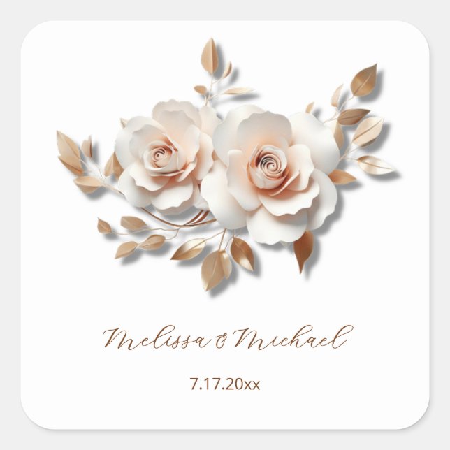 Rose Gold Blush Pink 3D Roses Your Names Wedding Quadratischer Aufkleber (Vorderseite)