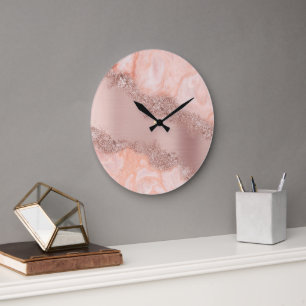 Rose Gold Blush Pink Agate Geode Glitzer Große Wanduhr