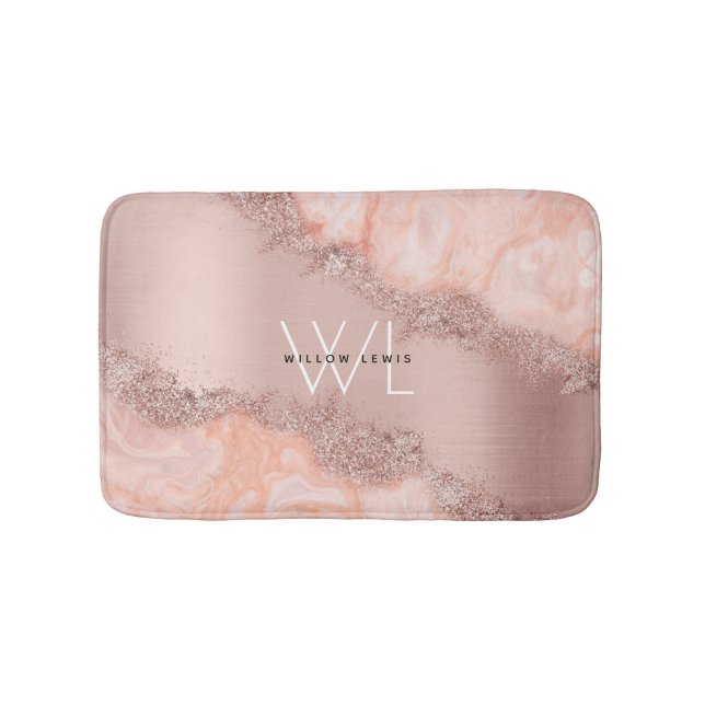 Rose Gold Blush Pink Agate Geode Glitzer Monogram Badematte (Vorderseite)