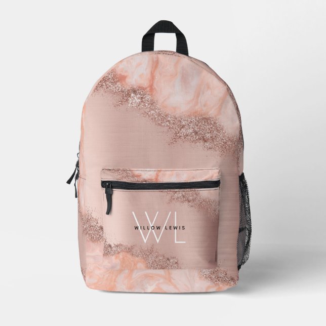Rose Gold Blush Pink Agate Geode Glitzer Monogram Bedruckter Rucksack (Vorderseite)