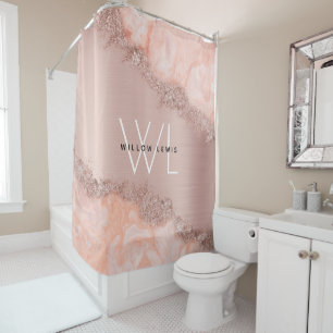 Rose Gold Blush Pink Agate Geode Glitzer Monogram Duschvorhang