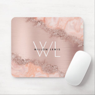 Rose Gold Blush Pink Agate Geode Glitzer Monogram Mousepad