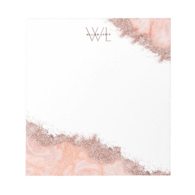 Rose Gold Blush Pink Agate Geode Glitzer Monogram Notizblock (Vorderseite)