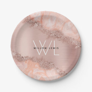 Rose Gold Blush Pink Agate Geode Glitzer Monogram Pappteller