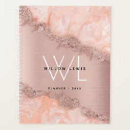Rose Gold Blush Pink Agate Geode Glitzer Monogram Planer