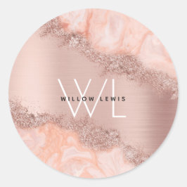 Rose Gold Blush Pink Agate Geode Glitzer Monogram Runder Aufkleber