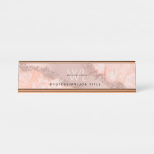 Rose Gold Blush Pink Agate Geode Glitzer Monogram Schreibtischnamensplakette