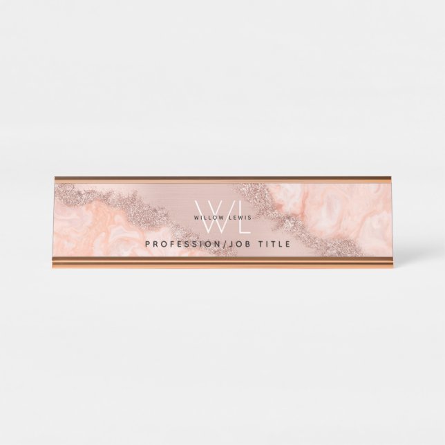 Rose Gold Blush Pink Agate Geode Glitzer Monogram Schreibtischnamensplakette (Vorderseite )