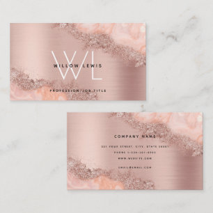 Rose Gold Blush Pink Agate Geode Glitzer Monogram Visitenkarte