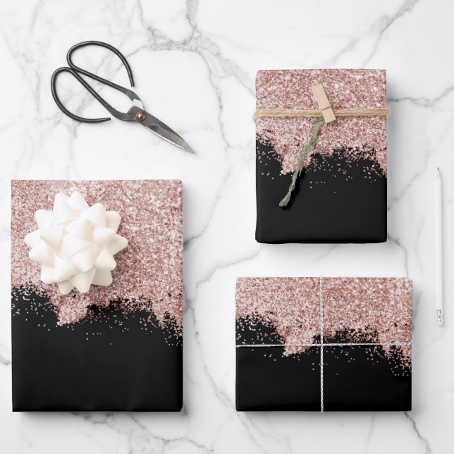 Rose Gold Blush Pink Black Girl Glitzer Staub Geschenkpapier Set (Vorderseite)