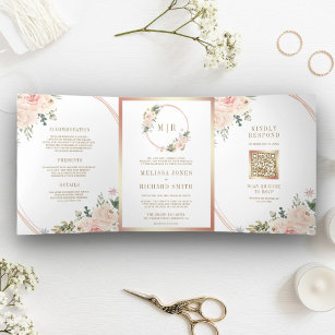 Rose Gold Blush Pink Floral QR Code Hochzeit Dreifach Gefaltete Einladung