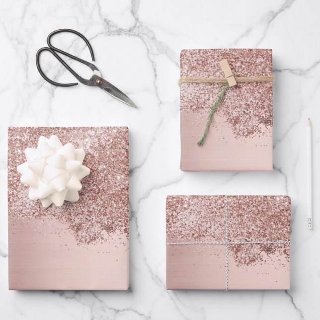 Rose Gold Blush Pink Girl Glitzer Staub Geschenkpapier Set (Vorderseite)