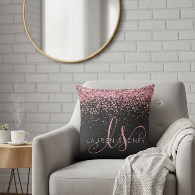 Rose Gold & Blush Pink Glitter Glam Monogram Name Kissen (Von Creator hochgeladen)
