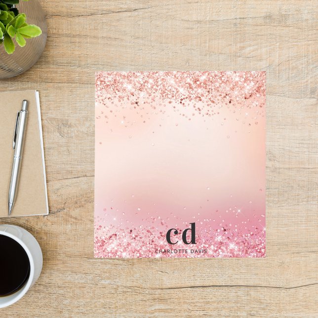 Rose gold blush pink glitter monogram glam notizblock (Von Creator hochgeladen)