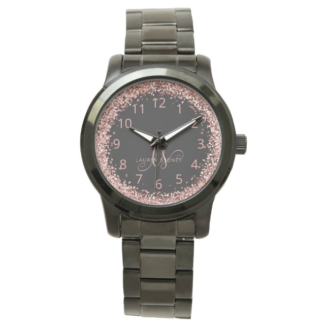 Rose Gold Blush Pink Glitzer Glam Monogram Name Armbanduhr (Vorderseite)