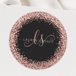 Rose Gold Blush Pink Glitzer Glam Monogram Name Runder Aufkleber