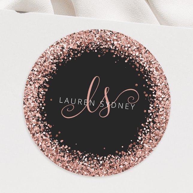 Rose Gold Blush Pink Glitzer Glam Monogram Name Runder Aufkleber (Von Creator hochgeladen)