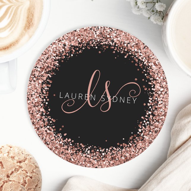 Rose Gold Blush Pink Glitzer Glam Monogram Name Runder Pappuntersetzer (Von Creator hochgeladen)