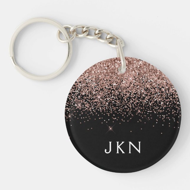 Rose Gold Blush Pink Glitzer Monogram Initialen Schlüsselanhänger (Vorderseite)