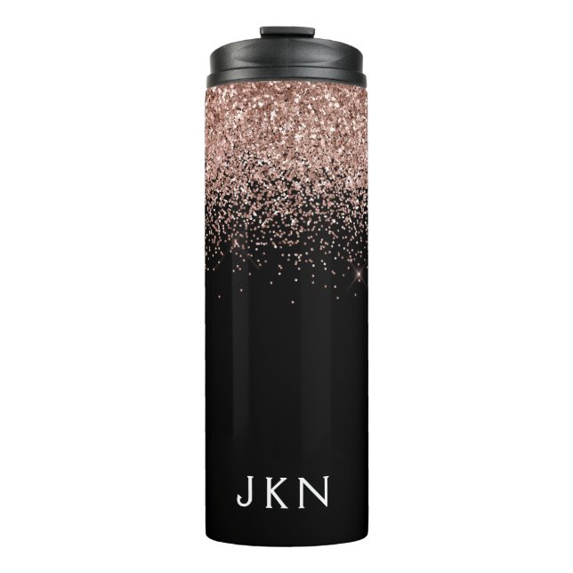 Rose Gold Blush Pink Glitzer Monogram Initialen Thermosbecher (Vorderseite)