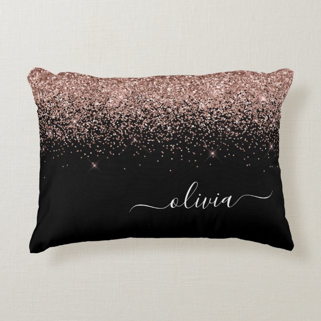 Rose Gold Blush Pink Glitzer Script Monogram Girl Dekokissen (Vorderseite)