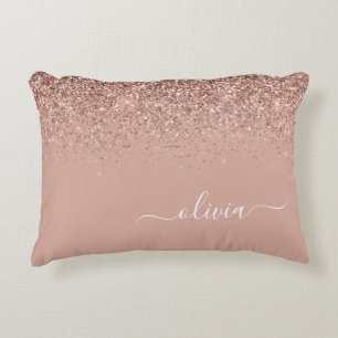 Rose Gold Blush Pink Glitzer Script Monogram Girl Dekokissen