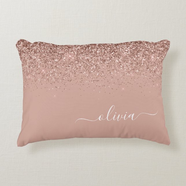 Rose Gold Blush Pink Glitzer Script Monogram Girl Dekokissen (Vorderseite)