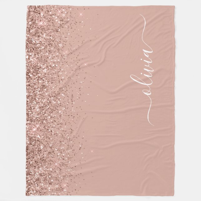 Rose Gold Blush Pink Glitzer Script Monogram Girl Fleecedecke (Vorderseite)