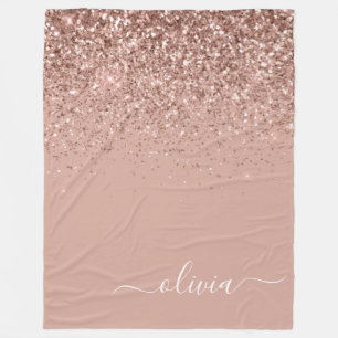 Rose Gold Blush Pink Glitzer Script Monogram Girl Fleecedecke
