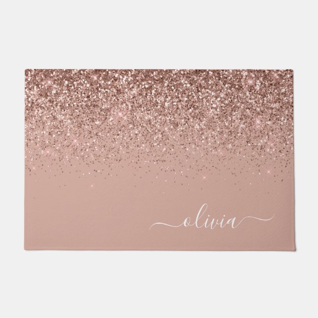 Rose Gold Blush Pink Glitzer Script Monogram Girl Fußmatte (Vorderseite)