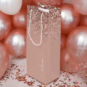 Rose Gold Blush Pink Glitzer Script Monogram Girl Geschenktüte Für Weinflaschen