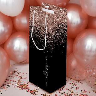 Rose Gold Blush Pink Glitzer Script Monogram Girl Geschenktüte Für Weinflaschen