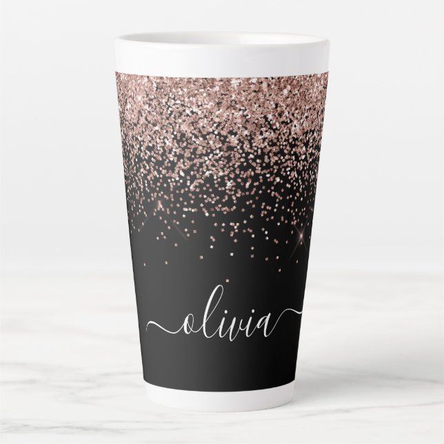 Rose Gold Blush Pink Glitzer Script Monogram Girl Milchtasse (Vorderseite)
