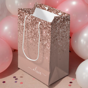 Rose Gold Blush Pink Glitzer Script Monogram Girl Mittlere Geschenktüte