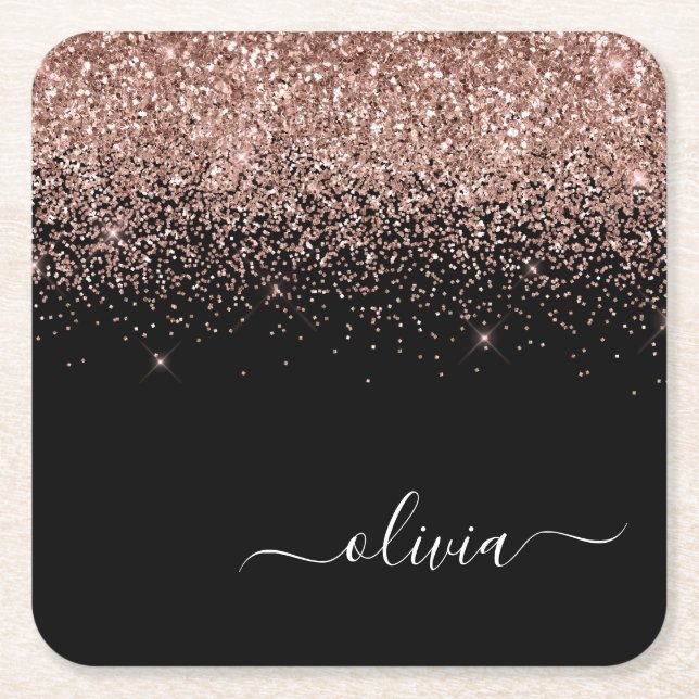 Rose Gold Blush Pink Glitzer Script Monogram Girl Rechteckiger Pappuntersetzer (Vorderseite)