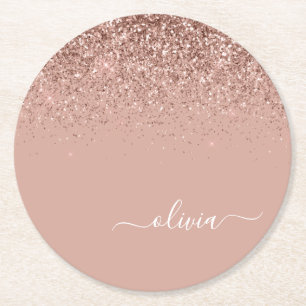 Rose Gold Blush Pink Glitzer Script Monogram Girl Runder Pappuntersetzer