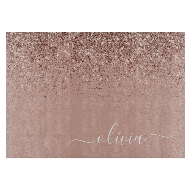 Rose Gold Blush Pink Glitzer Script Monogram Girl Schneidebrett (Vorderseite)