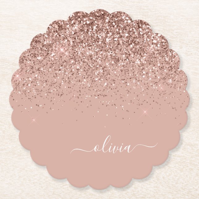 Rose Gold Blush Pink Glitzer Script Monogram Girl Untersetzer (Vorderseite)