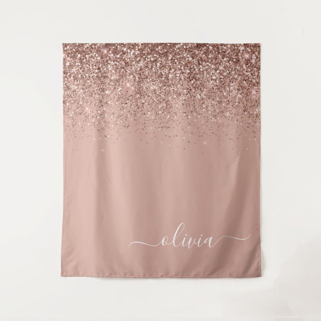 Rose Gold Blush Pink Glitzer Script Monogram Girl Wandteppich (Vorderseite)