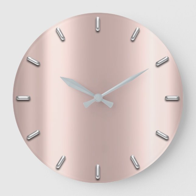 Rose Gold Blush Pink Gray Metallic Silber Minimal Große Wanduhr (Vorderseite)