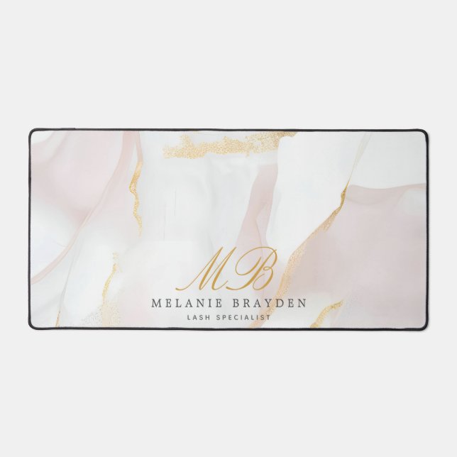 Rose Gold Blush Pink Marble Monogram Schreibtischunterlage (Vorderseite)