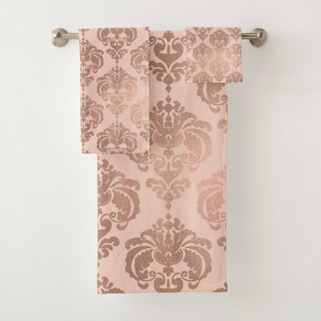 Rose Gold Blush Pink Modernes Glam Damask Badhandtuch Set (Insitu)