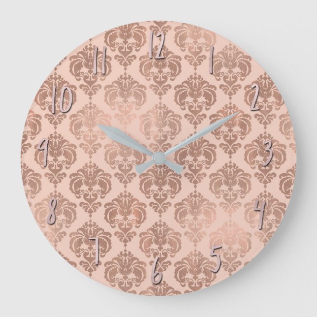 Rose Gold Blush Pink Modernes Glam Damask Große Wanduhr (Vorderseite)
