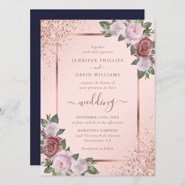 Rose Gold Blush Pink Navy Blue Floral Hochzeit Einladung (Vorne/Hinten)