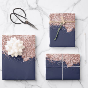 Rose Gold Blush Pink Navy Blue Girl Glitzer Staub Geschenkpapier Set
