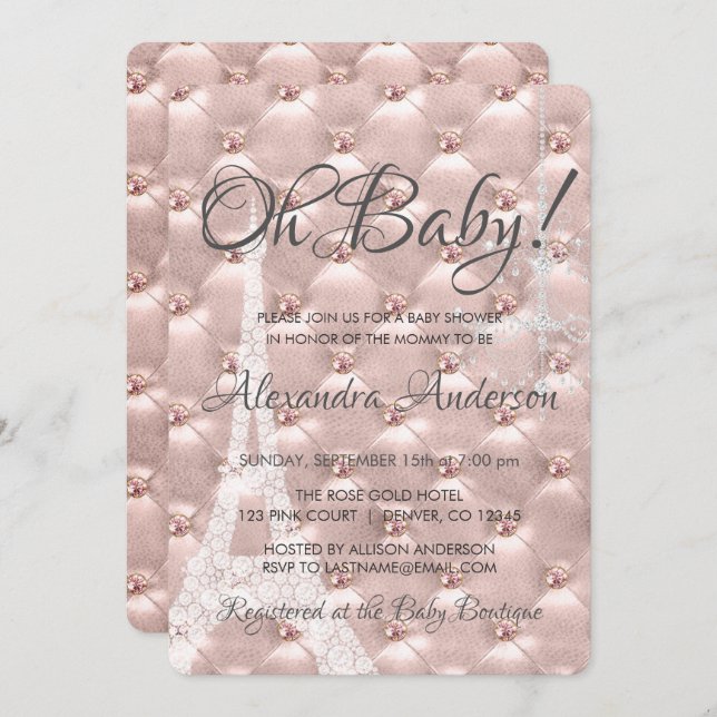 Rose Gold Blush Pink Paris Oh Baby Dusche Einladung (Vorne/Hinten)