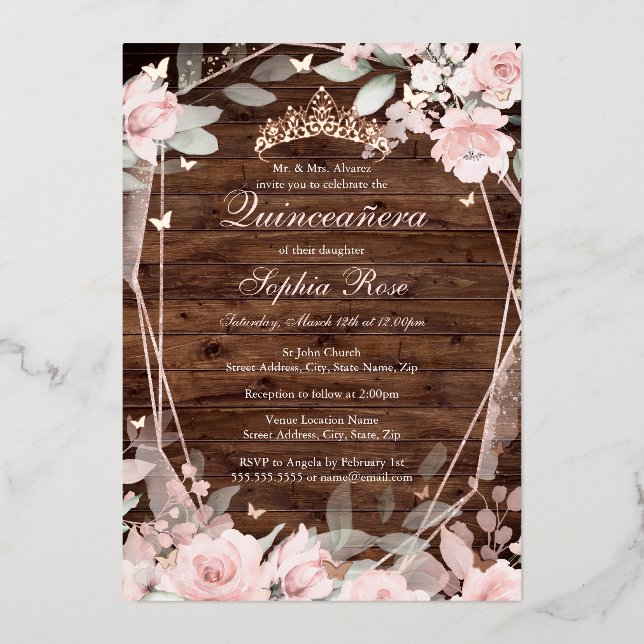 Rose Gold Blush Pink Rustikale Quinceanera Folieneinladung (Vorderseite)